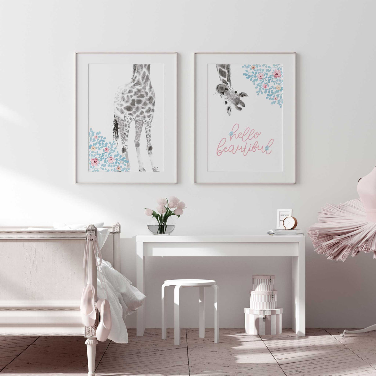 Girls nursery print with giraffe illustration, pastel florals and hello beautiful script for baby girl wall art.