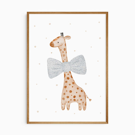 Giraffe nursery wall art with soft blue floral bow tie on white background