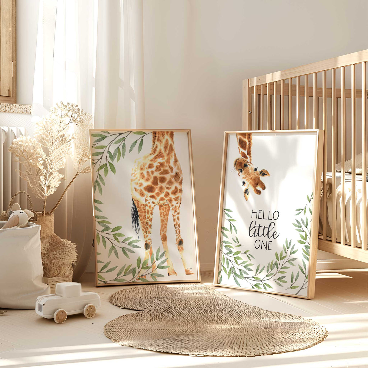 Safari giraffe nursery wall art set of 2 prints with cute giraffe and leafy design