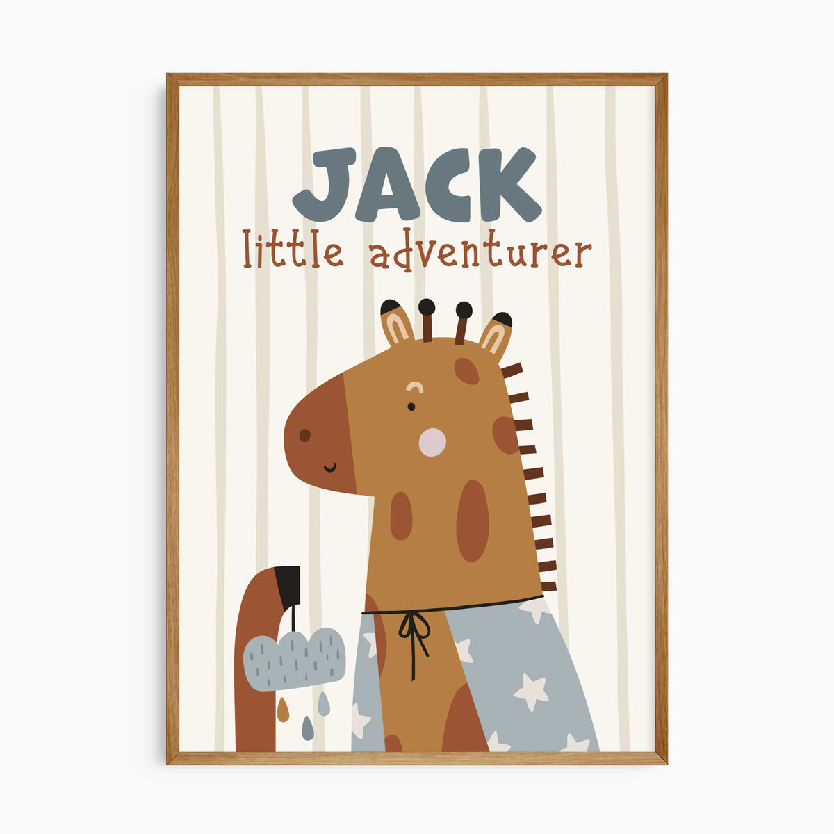 Giraffe wall print personalised with a child’s name, little adventurer wording and soft striped safari styling.