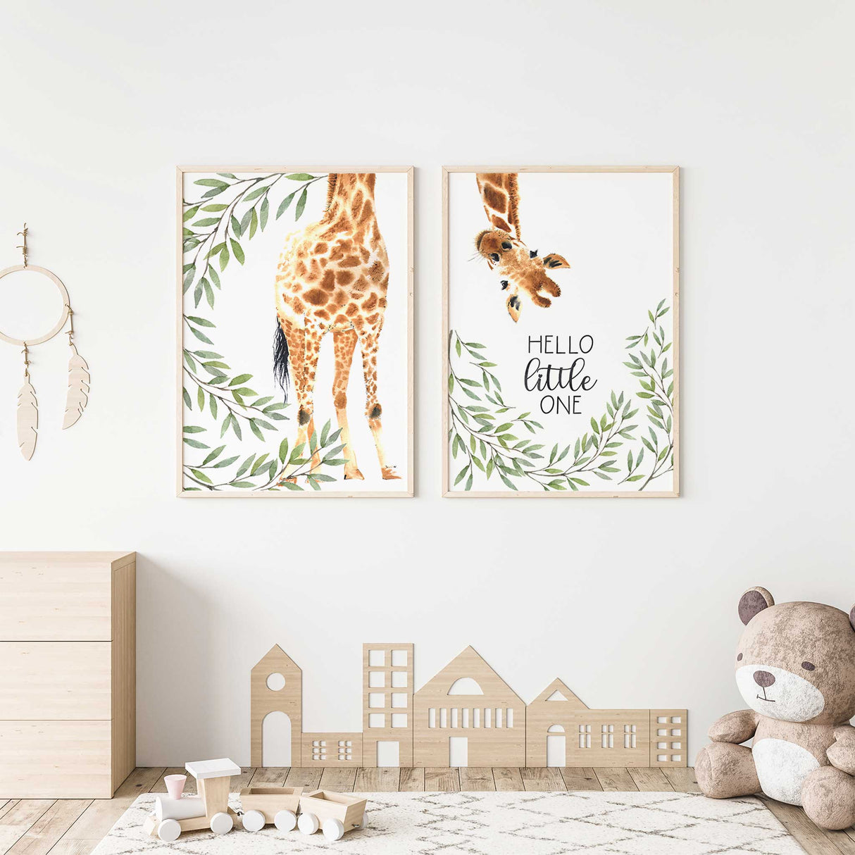 Safari giraffe wall art set of 2 prints with watercolour giraffe and greenery