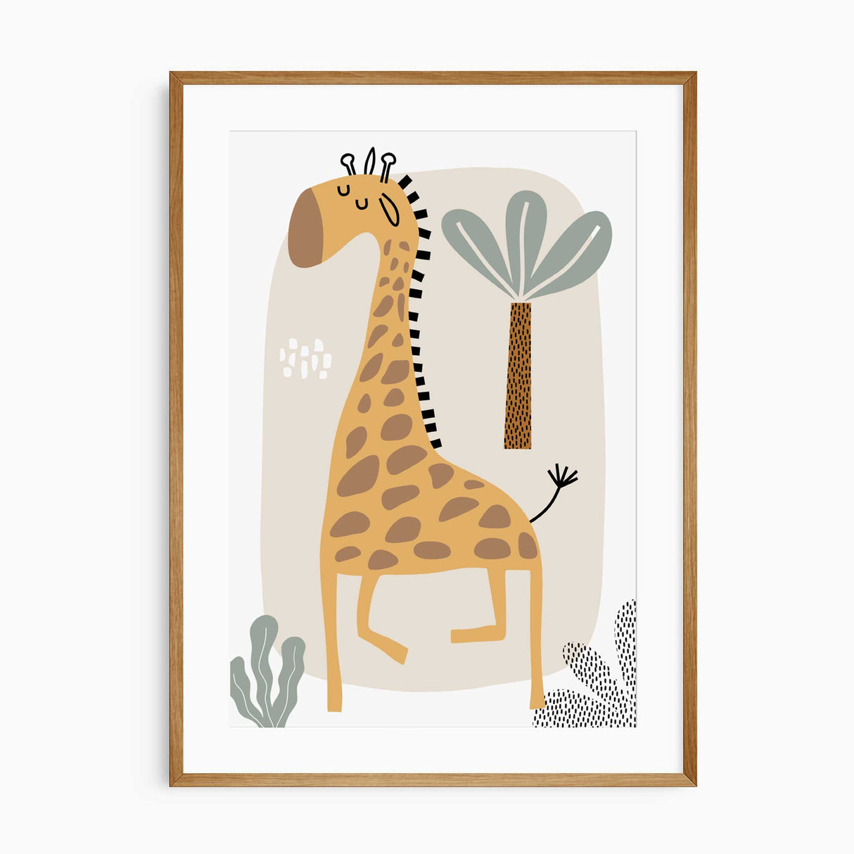 Giraffe nursery wall art with palm tree safari illustration