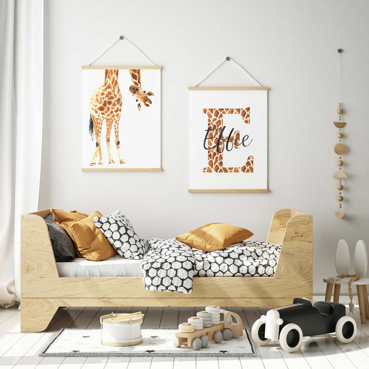 giraffe initial name nursery wall art print set in neutral tones