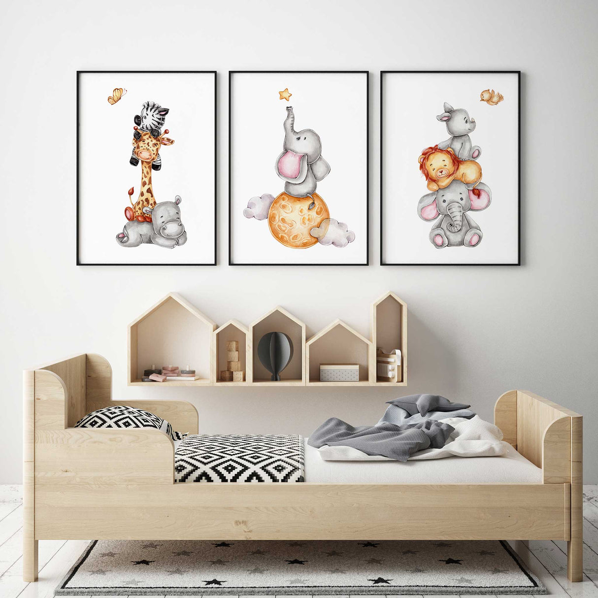 Giraffe with zebra and hippo stacked below – safari-themed nursery wall decor