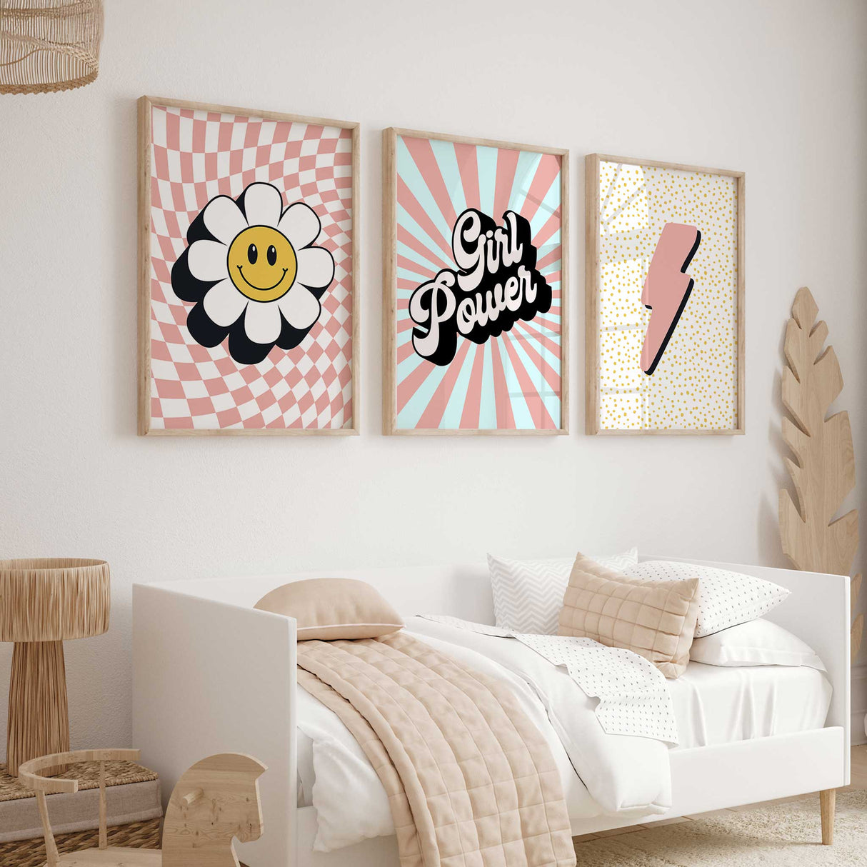 Retro wall art set for young girls with daisy, girl power quote, and lightning bolt