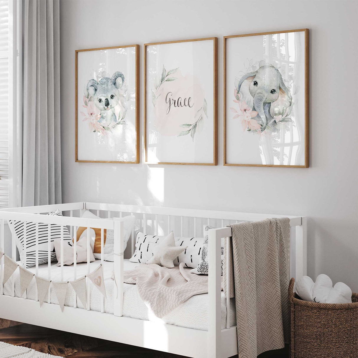 Girls nursery wall art set with elephant koala and name print