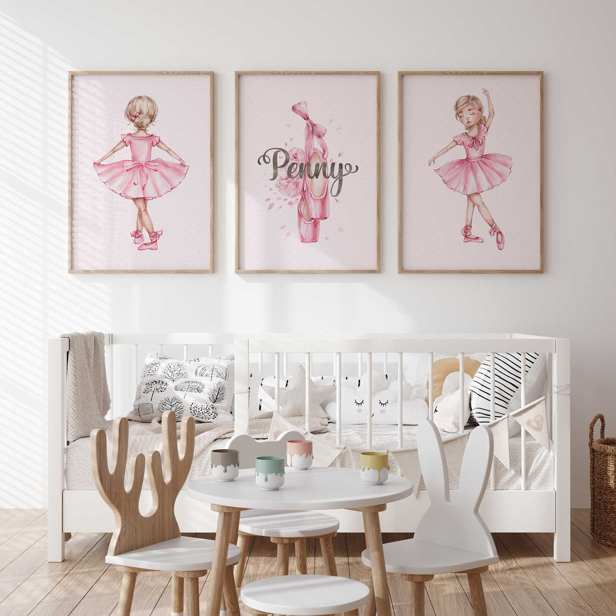 Ballet-themed pink wall prints for girls playroom or bedroom