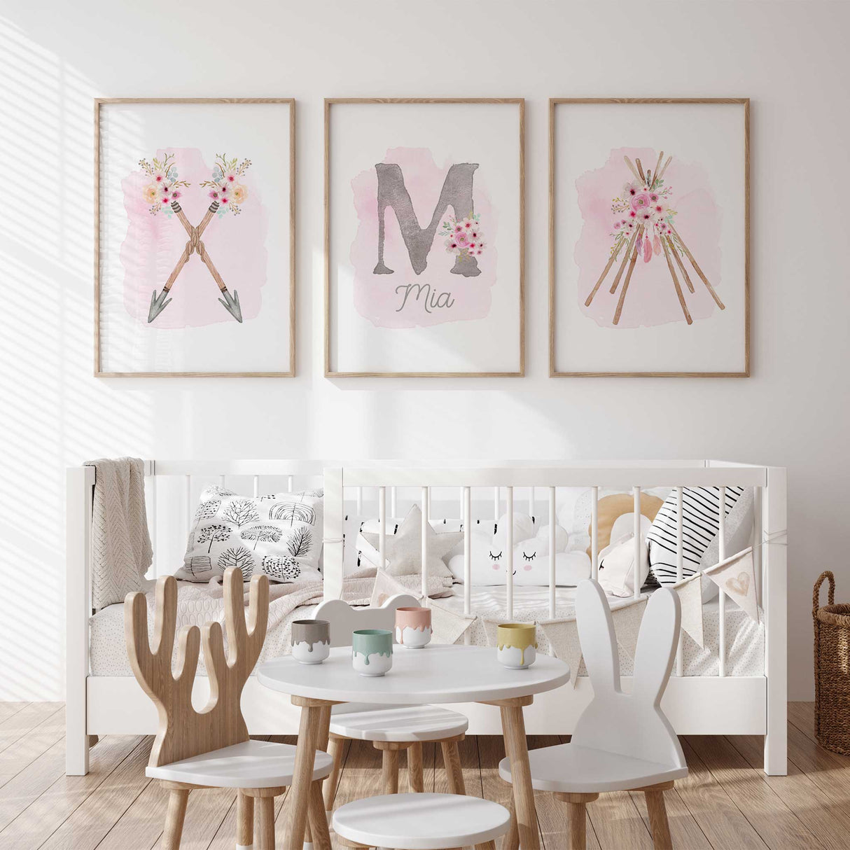 Girls bedroom wall art set of 3 with pink floral boho prints and personalised name design