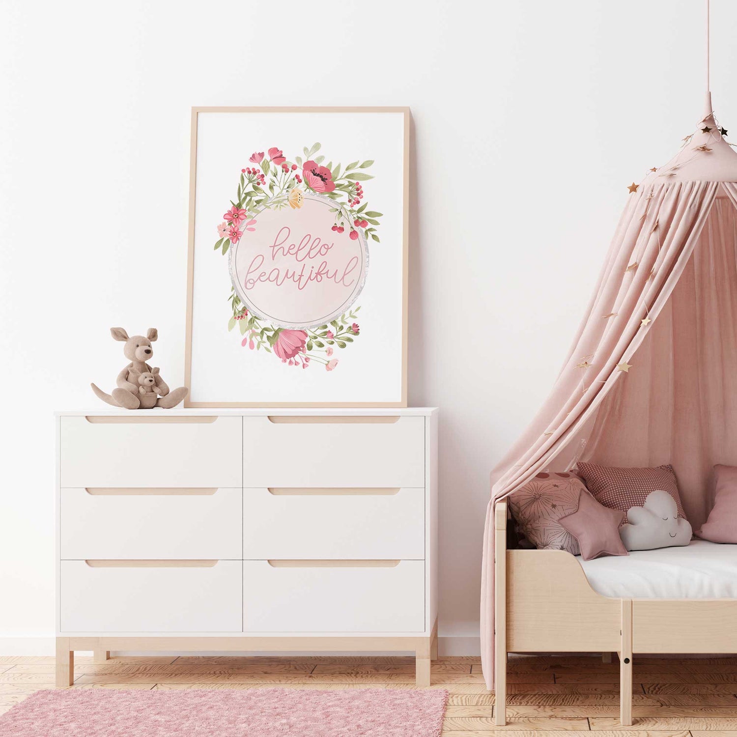 Feminine bedroom wall art for girls with blush pink florals and modern calligraphy