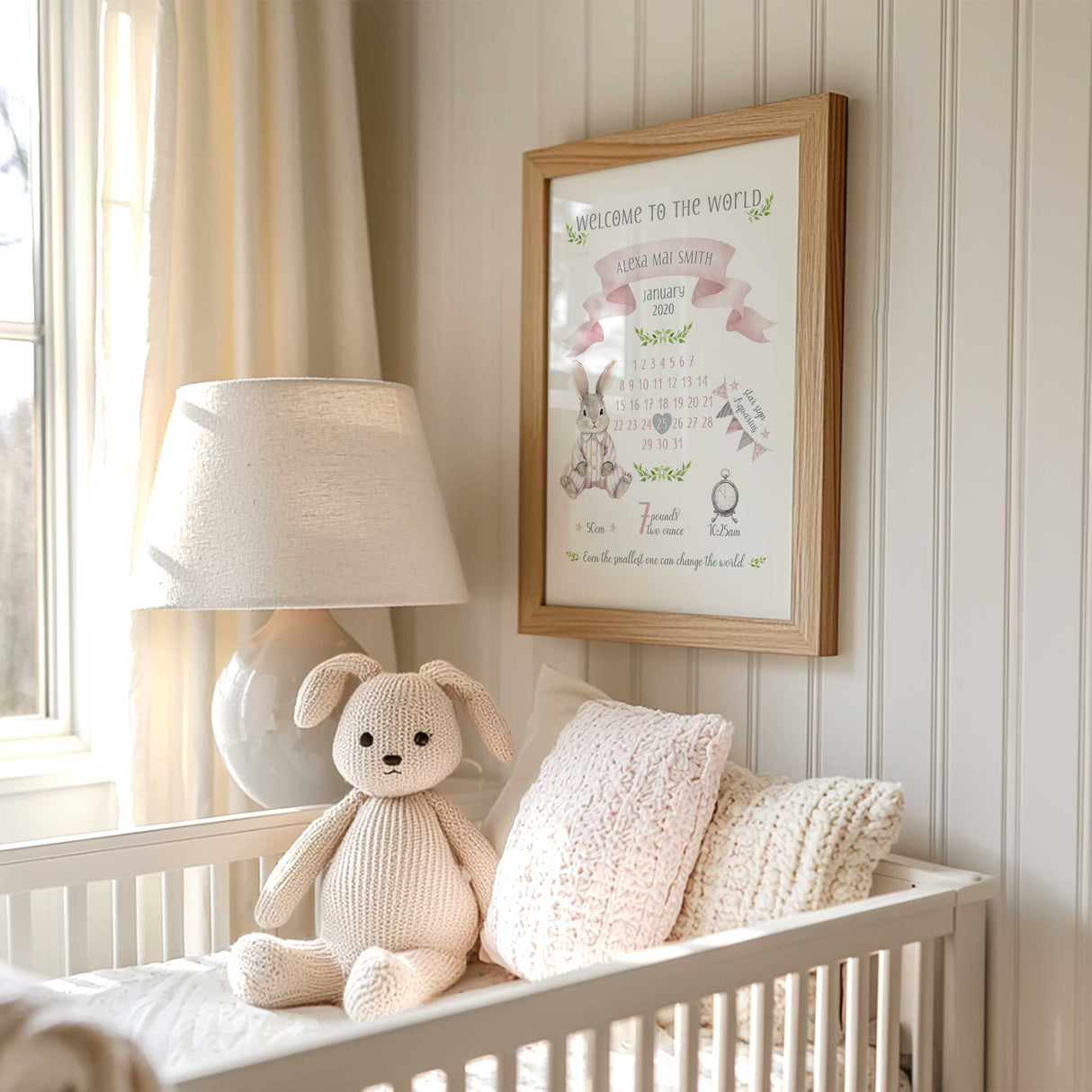Personalised girls birth announcement print with pink banner, bunny illustration, calendar layout and custom baby details for nursery wall art.