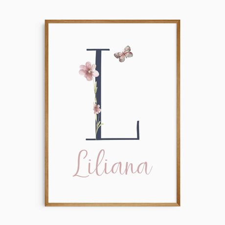 Custom initial and name wall art for girls with floral design