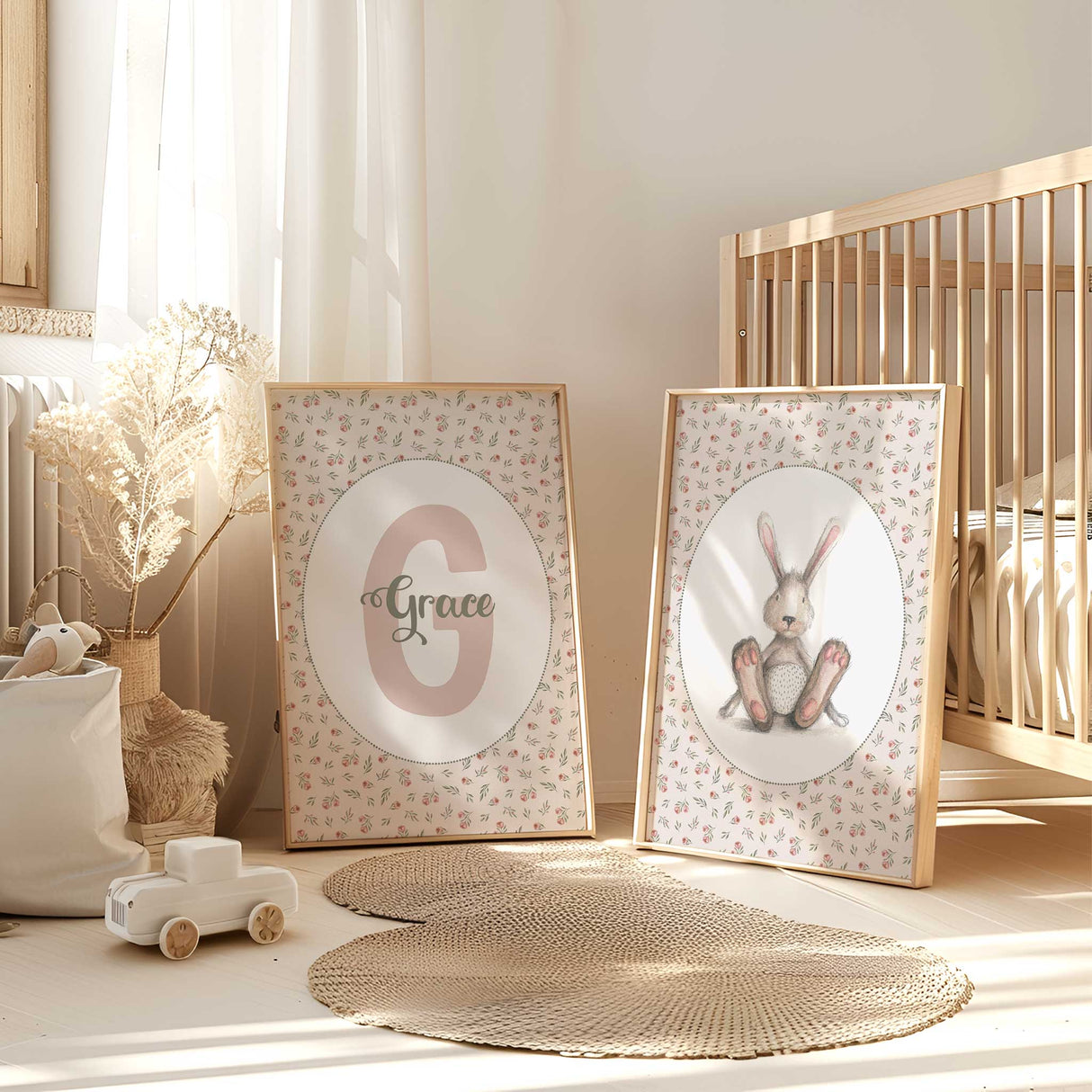 Hand drawn bunny wall print with floral border for nursery room decor.