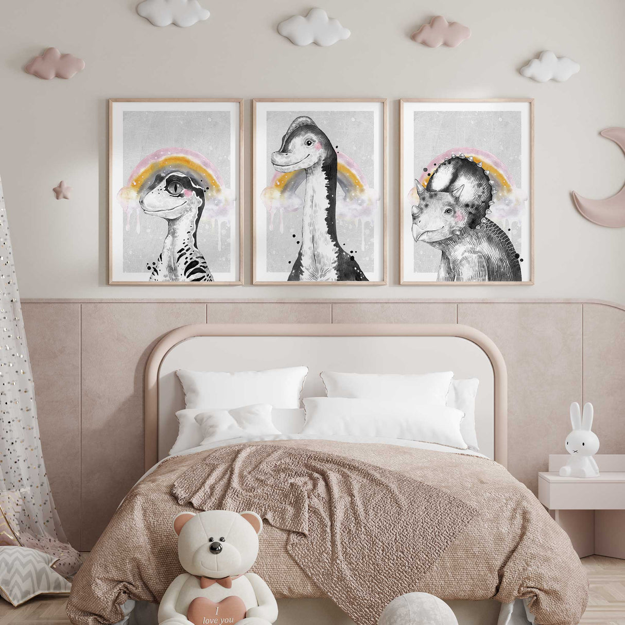 Dinosaur rainbow trio prints for girls bedroom or baby shower gift