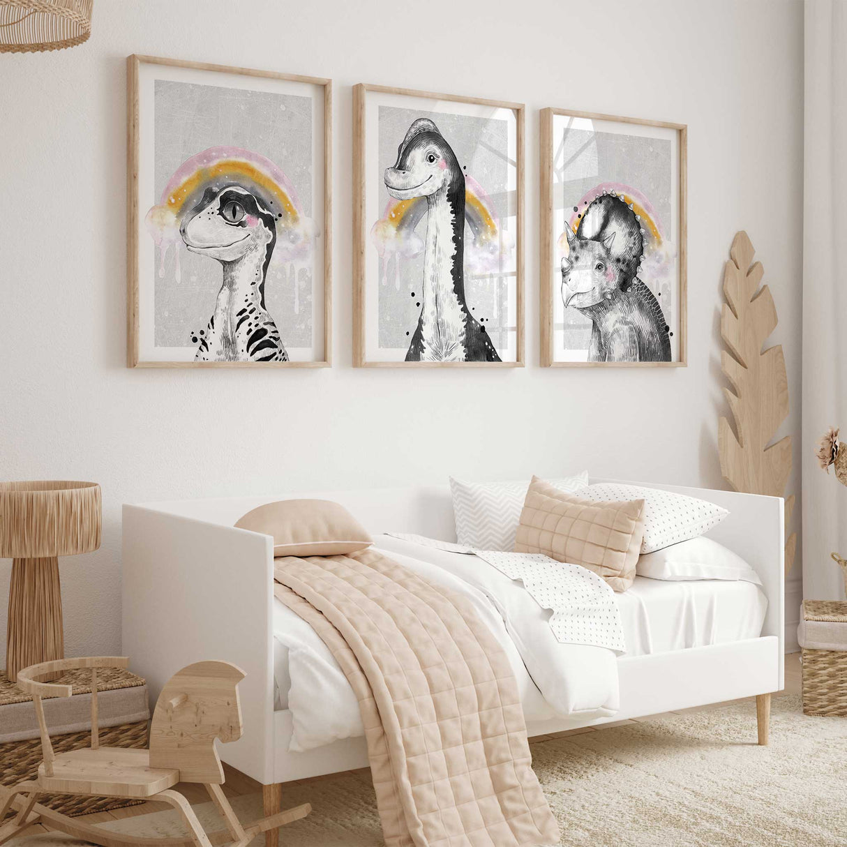 Girls dinosaur nursery wall art set of 3 with pastel rainbow designs