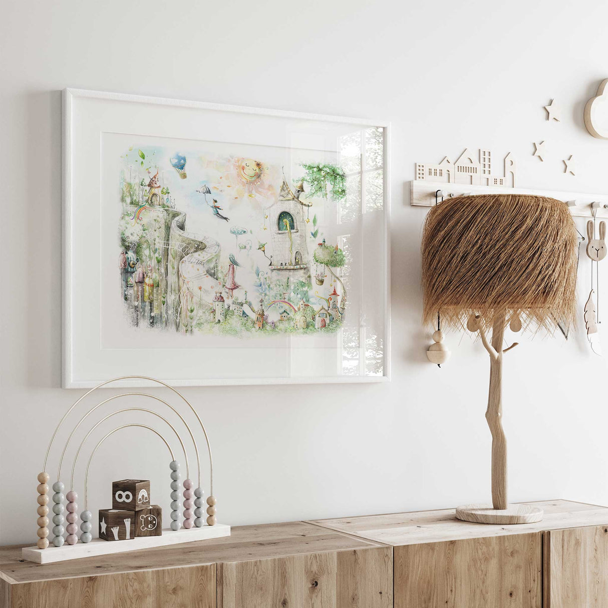 Illustrated wall art featuring fairytale tower, enchanted forest, and happy sun