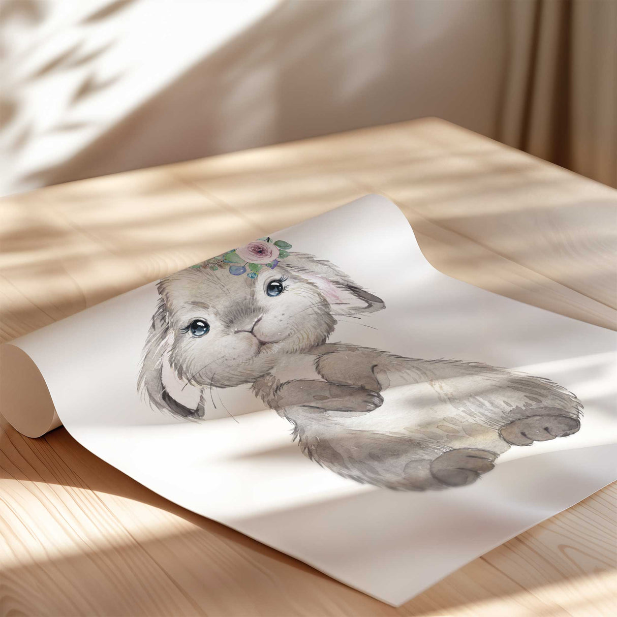 Soft watercolour floral bunny print for girls nursery wall art.
