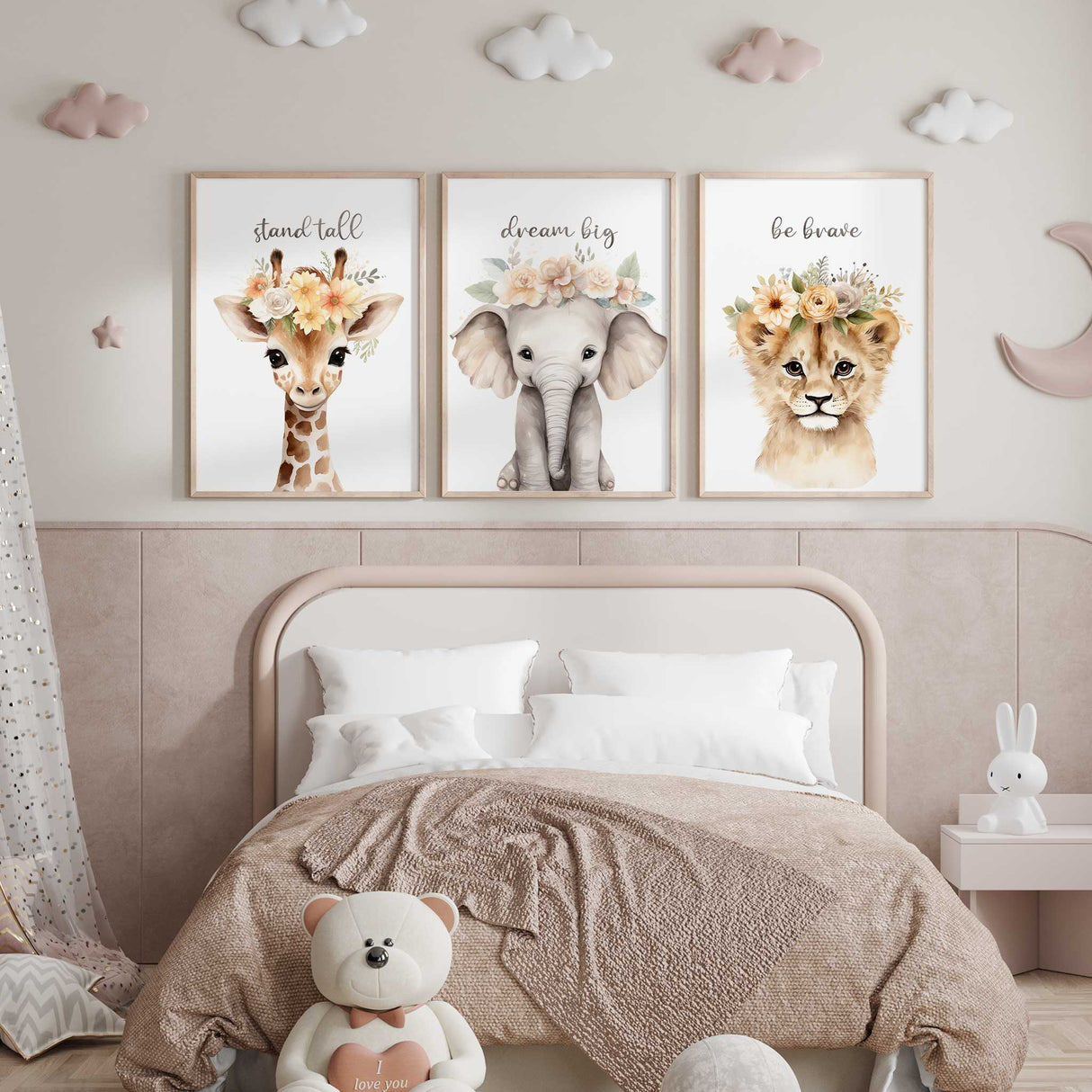 Baby Animal Portraits Nursery Wall Prints Floral Crown Animals Safari Jungle Theme Nursery Decor Baby Shower Gift Watercolour Prints Kids Room