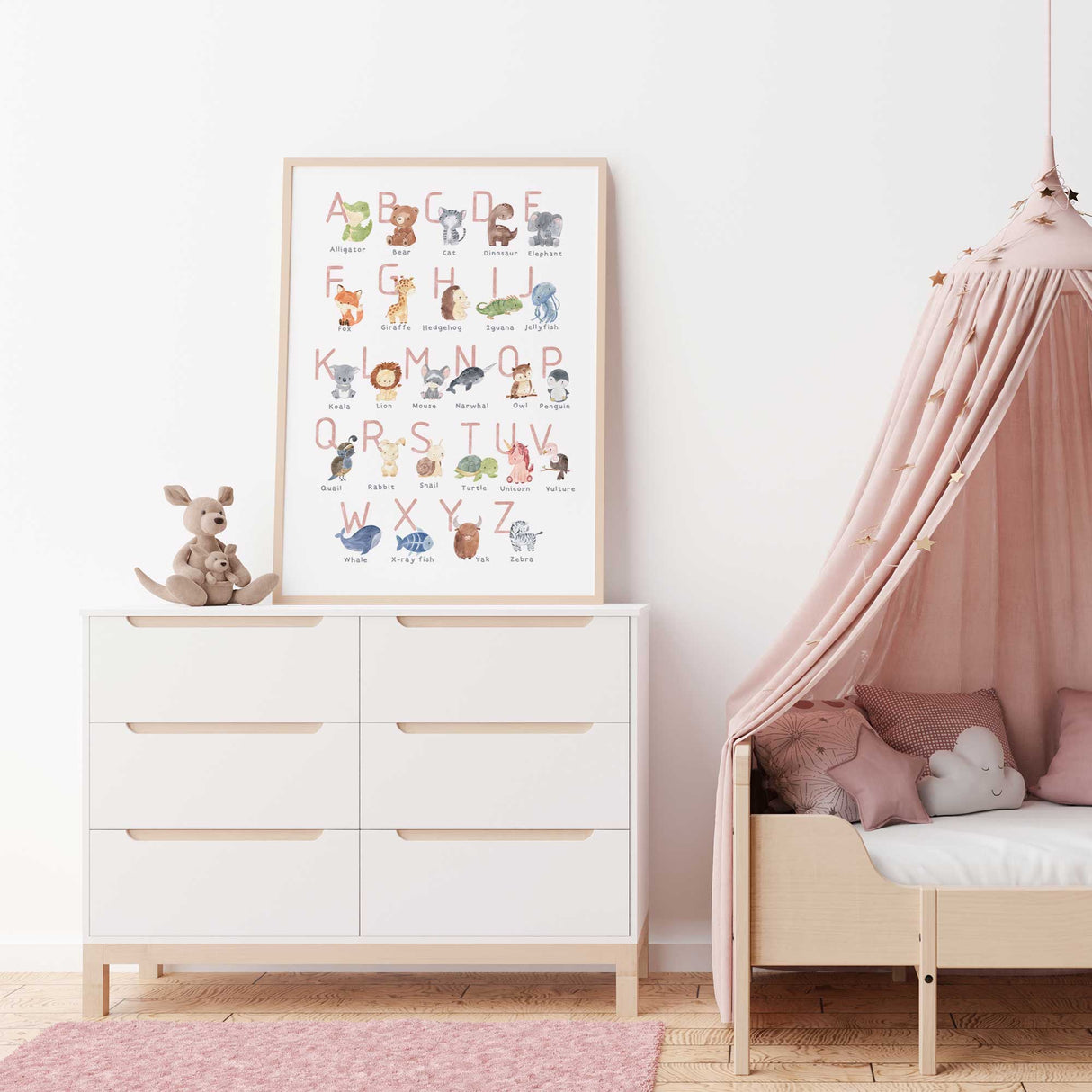 Pink animal ABC poster for girls with hand-painted animals and pastel lettering, perfect for baby girl bedrooms or playrooms