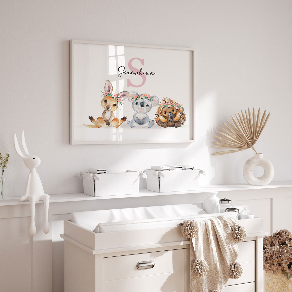 Girls nursery wall art featuring Australian animals with soft watercolour style