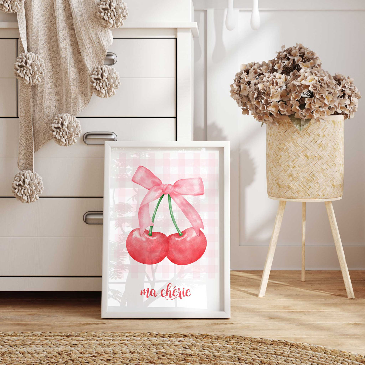 Cherry wall art print with pink bow for girls nursery or playroom decor