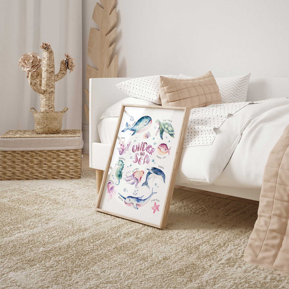 Girls nursery wall art print featuring watercolour sea creatures, perfect for ocean-themed decor