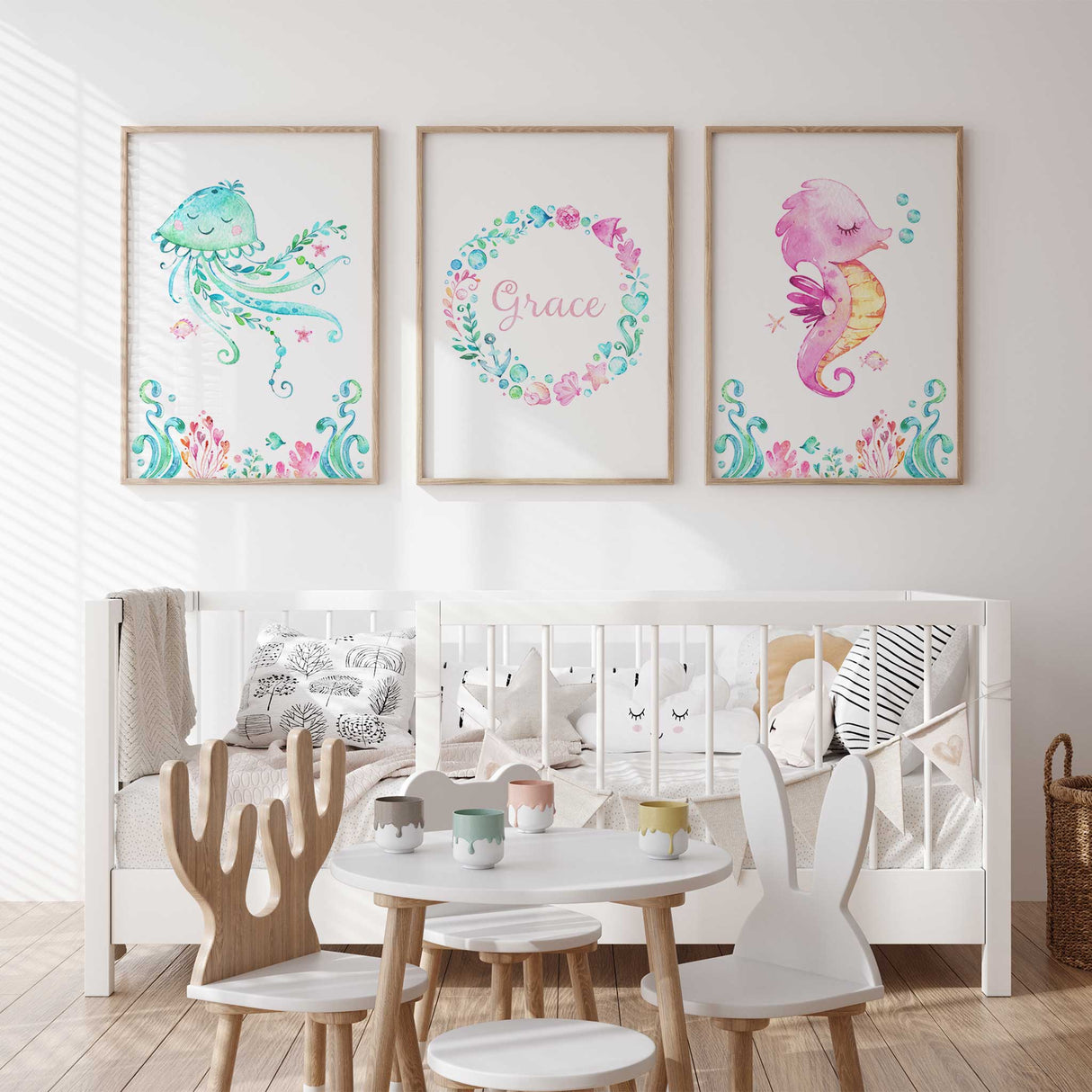 Pink jellyfish art print with waves and underwater plants for nursery