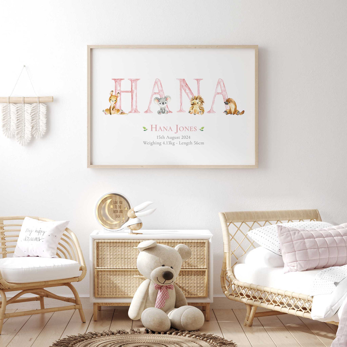 Unique birth keepsake print with koalas, kangaroos, and wombats, perfect for baby showers.