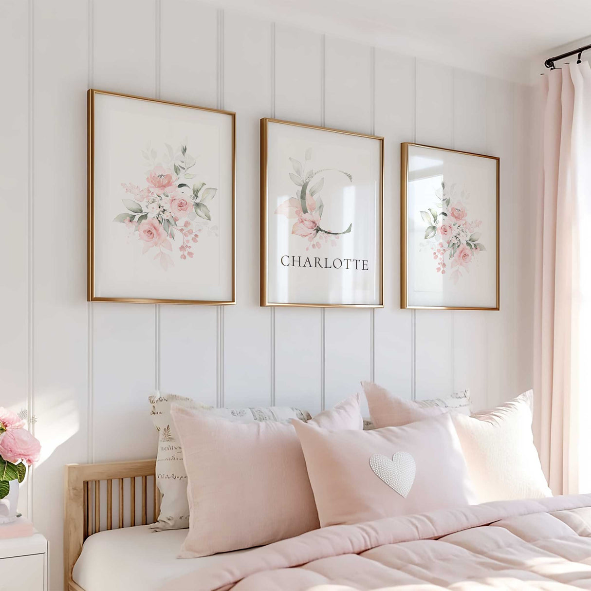 Girls personalised bedroom wall art set featuring delicate floral illustrations