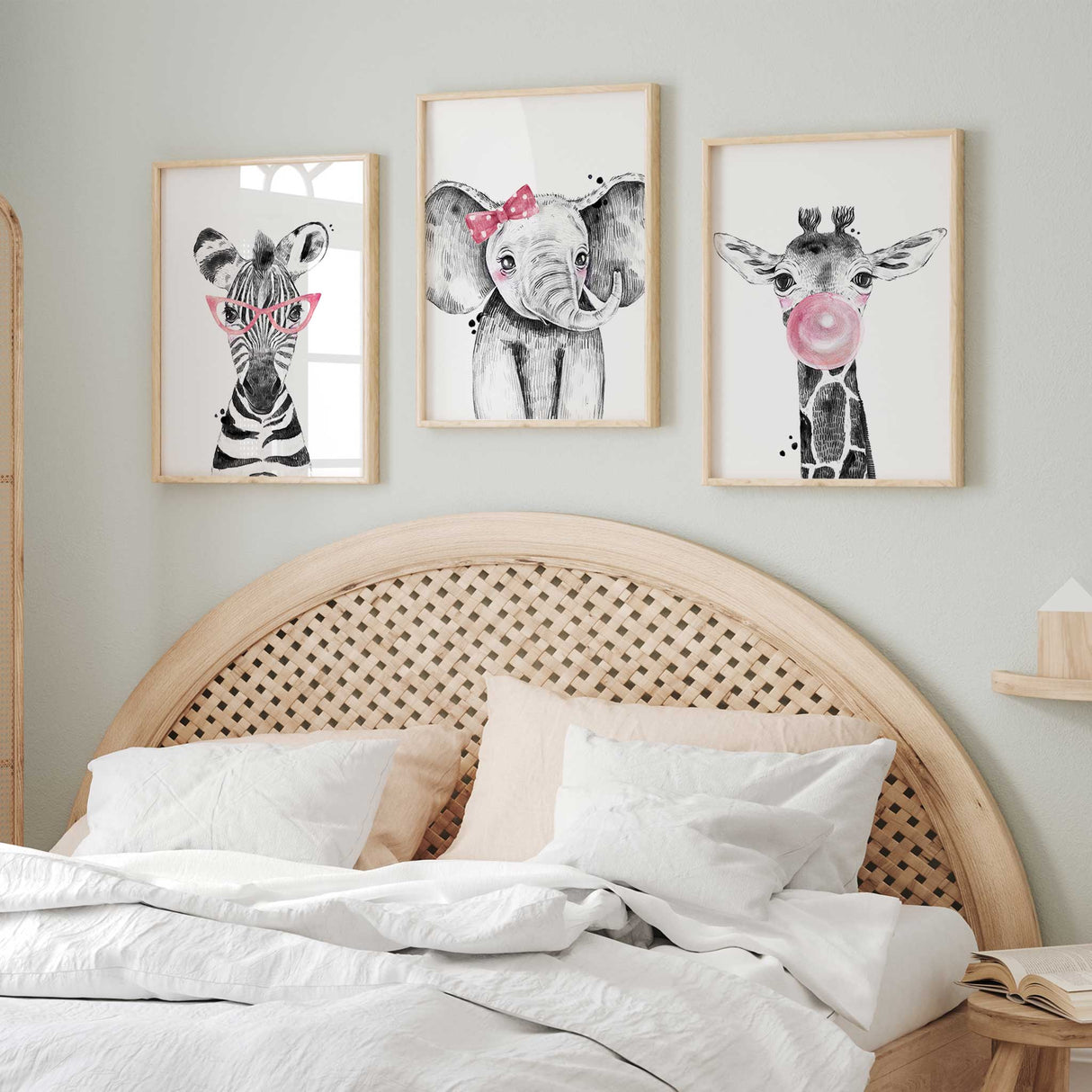 Girls playroom wall art animal prints set of three in black and white with pink details