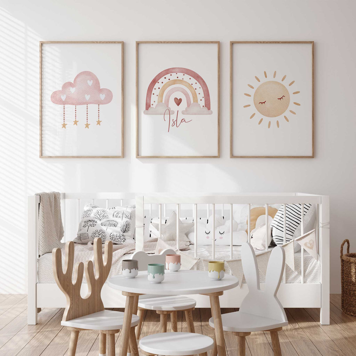 Soft pink cloud nursery wall art with hearts and gold stars