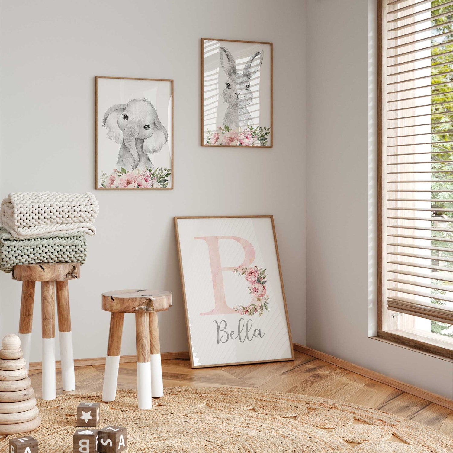 elephant and rabbit surrounded by florals