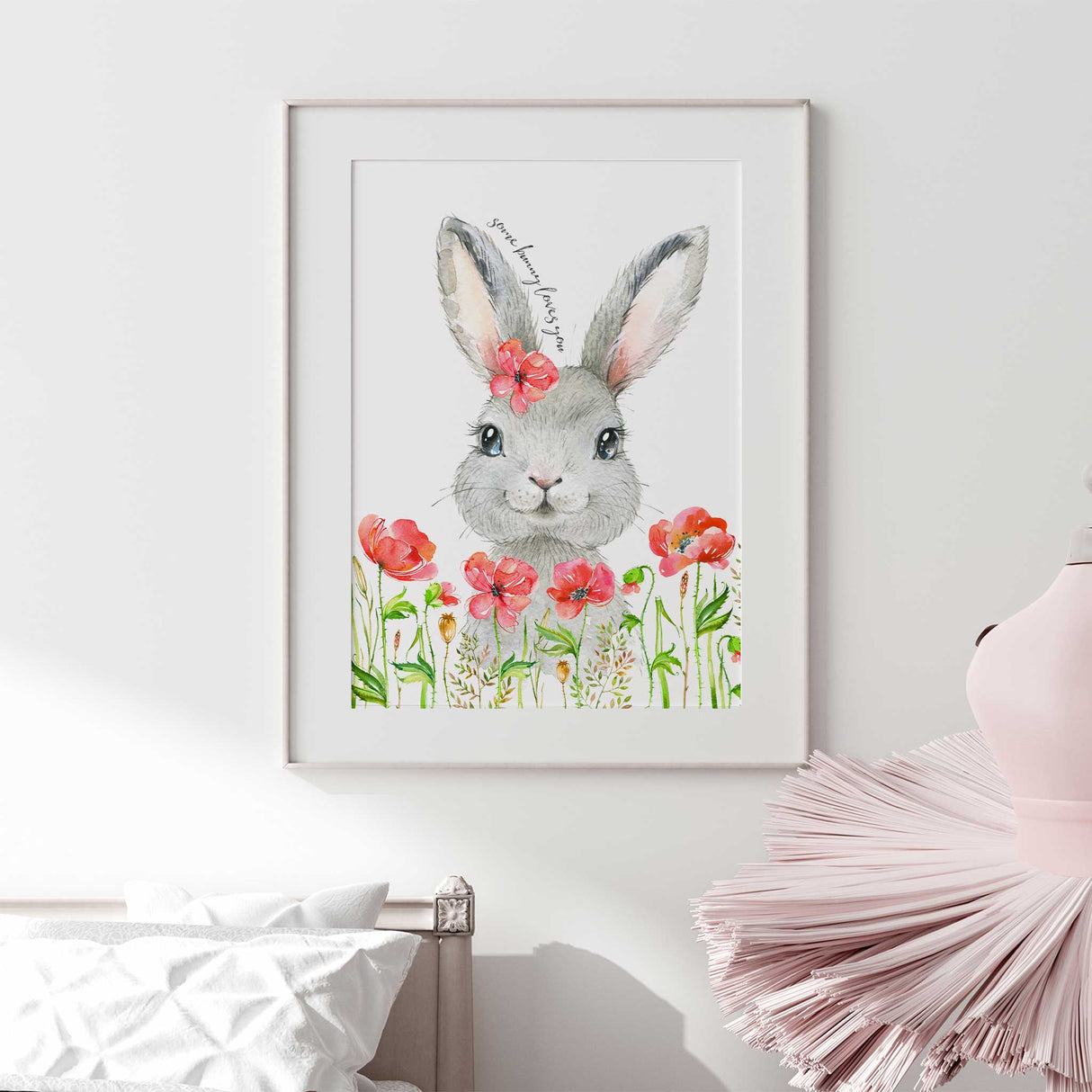 Girls wall art print featuring sweet bunny and soft red flowers