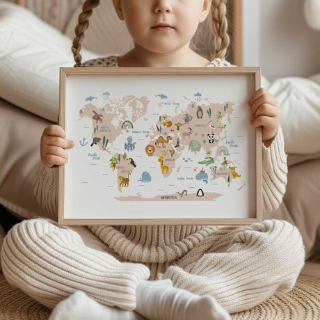 Kids World Map Print – Illustrated with Animals