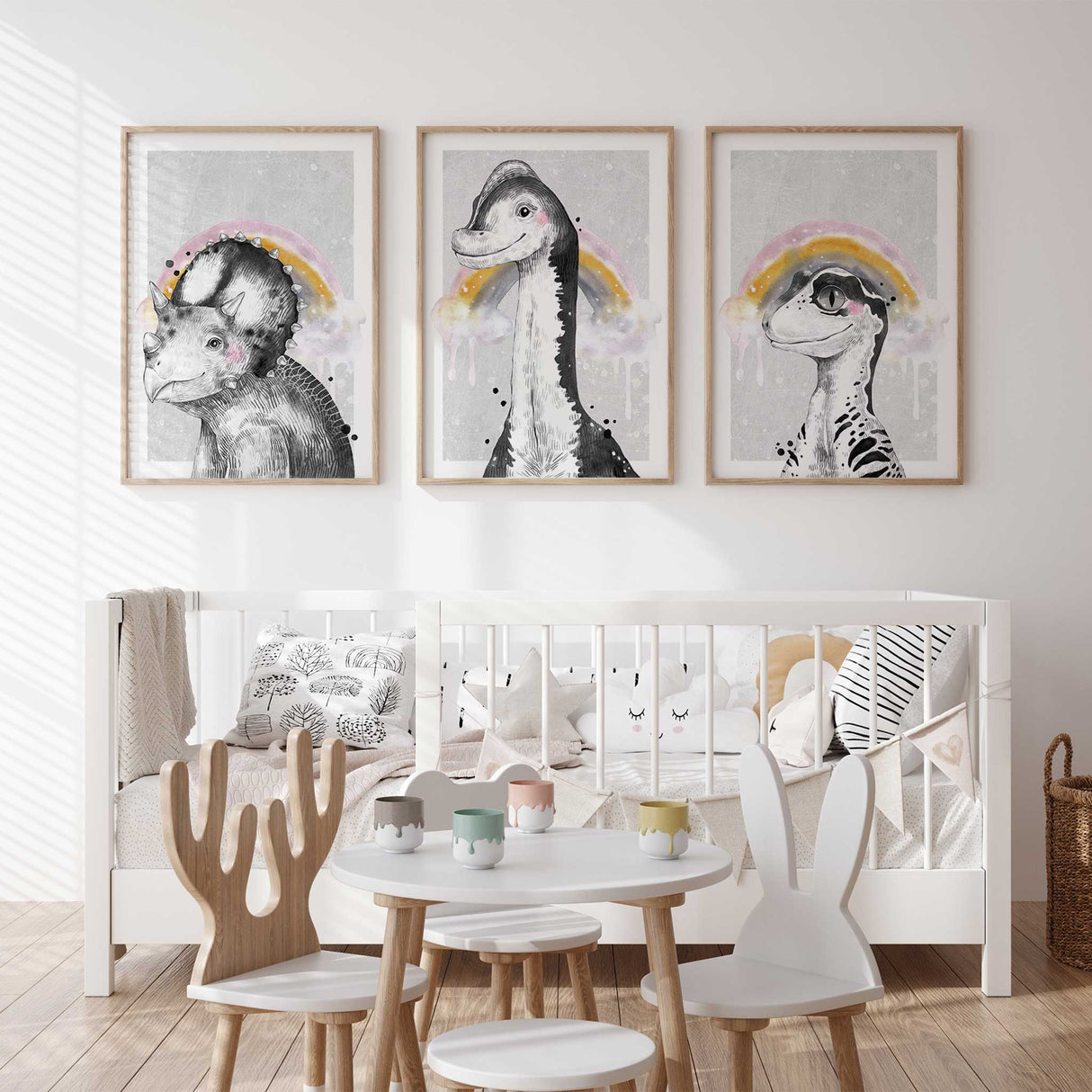 Girls room dinosaur prints set of 3 in black, white and soft pastel