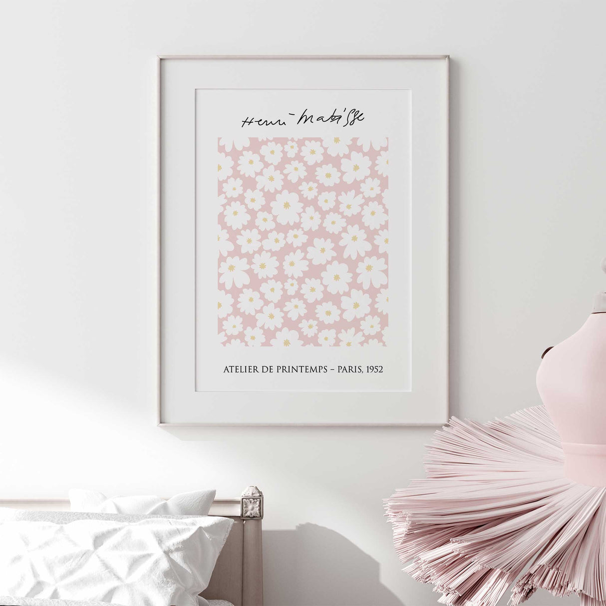 Floral wall print for girls bedroom in soft pink and white tones