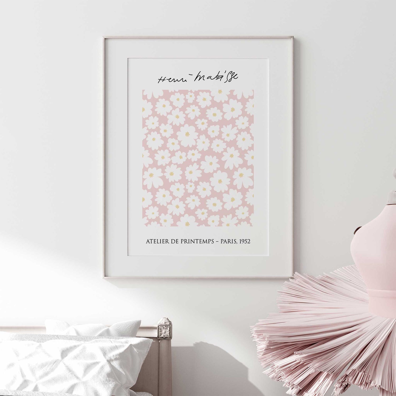 Floral wall print for girls bedroom in soft pink and white tones