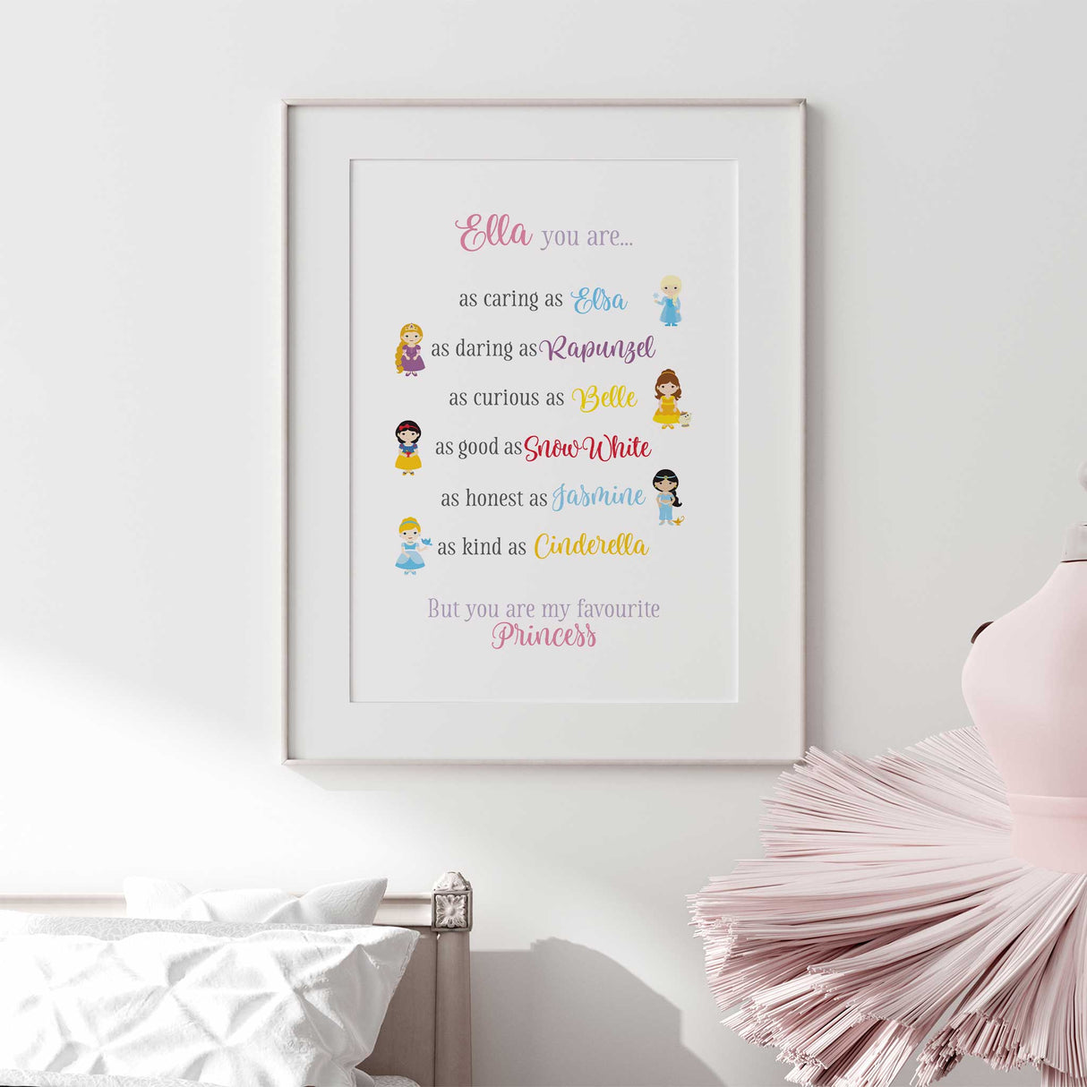 Girls bedroom princess wall print with custom name and magical illustrations