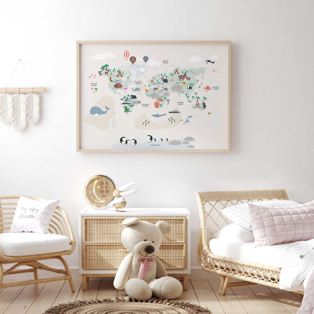 Illustrated world map for kids' bedrooms with penguins, whales, and wildlife