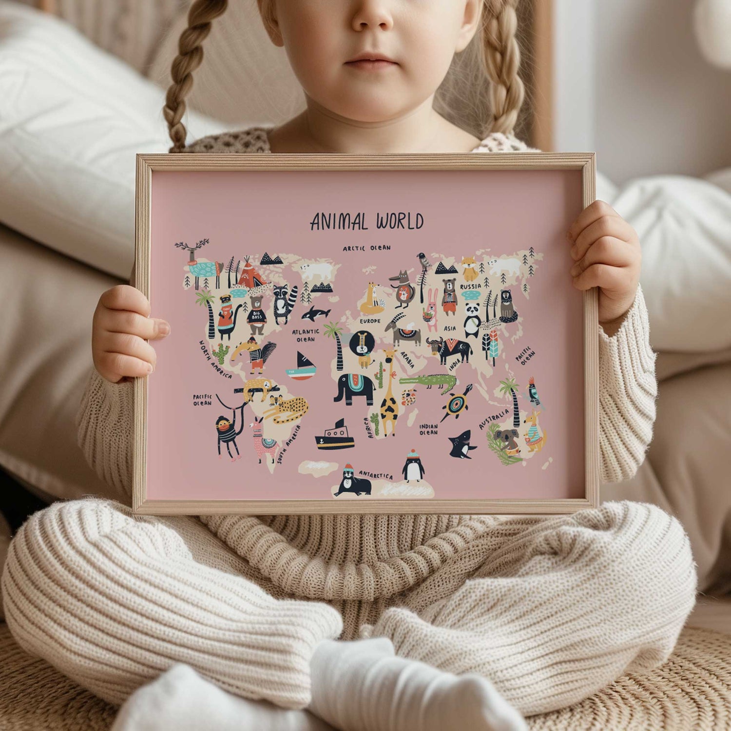 Animal World map print with cute explorer animals for nursery wall art