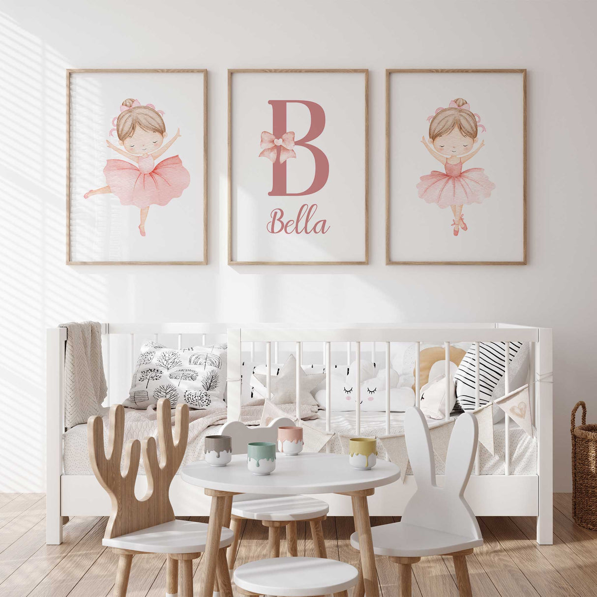 Girls room decor featuring three pink ballerina prints