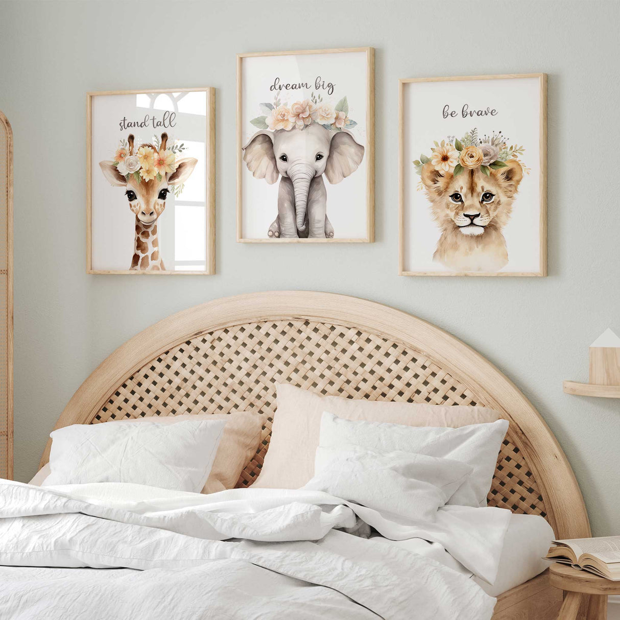 set of 3 safari prints for girls room featuring lion, elephant and giraffe all waring floral crowns