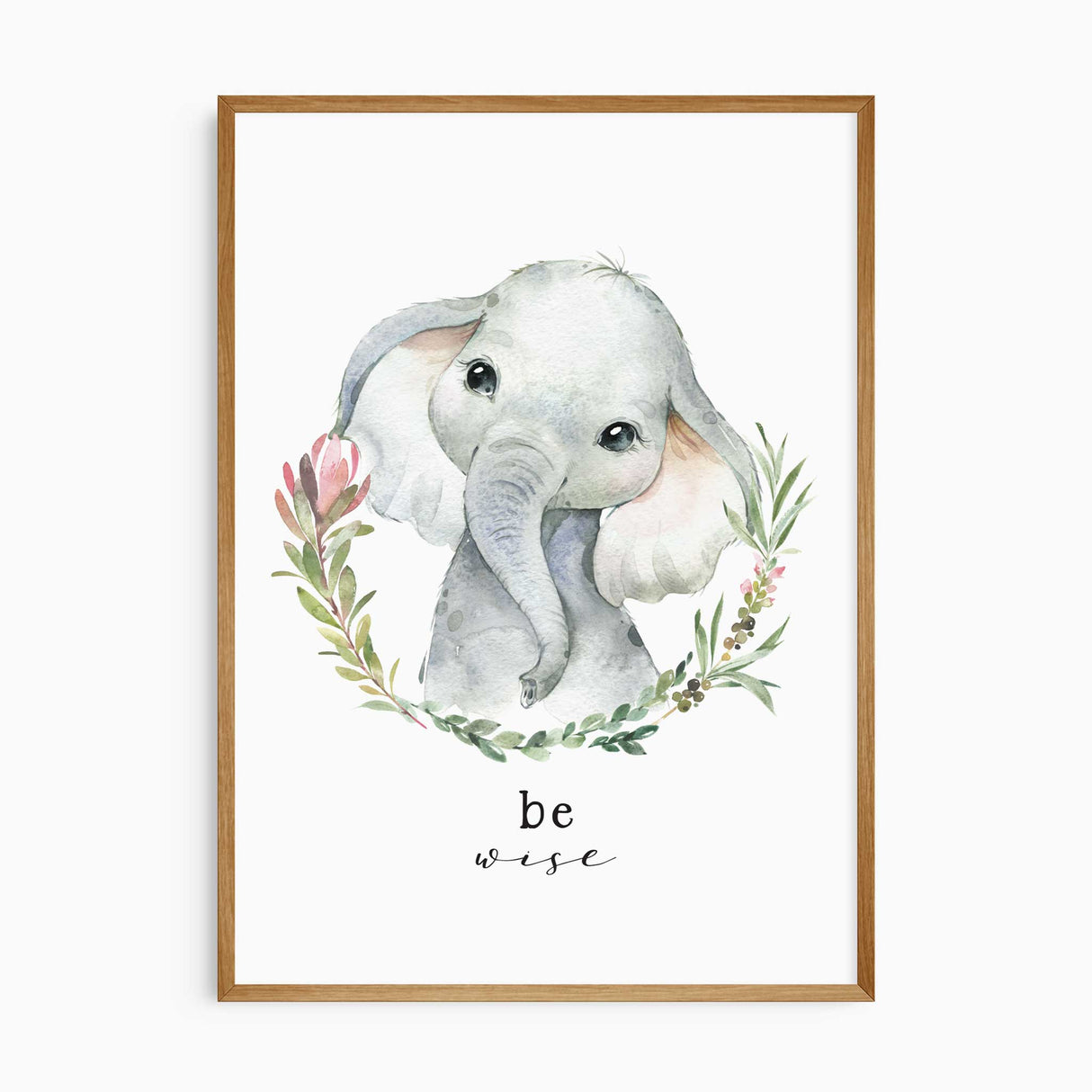 Girls safari elephant nursery wall art with soft pink floral details for baby girl nursery