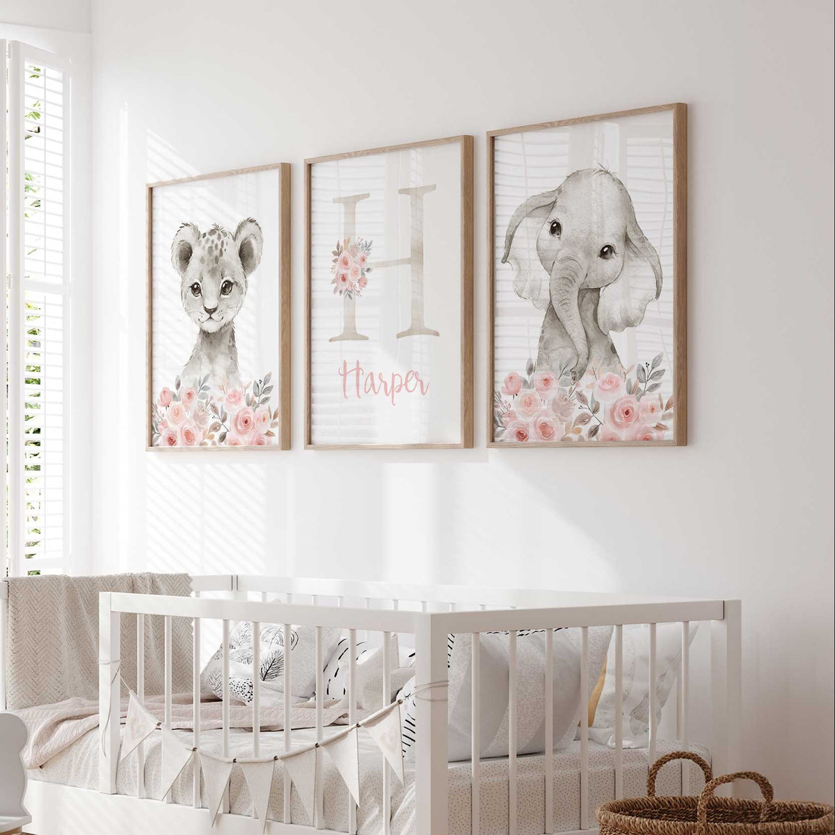 Set of 3 girls safari nursery wall art prints with elephant, lion cub and personalised name