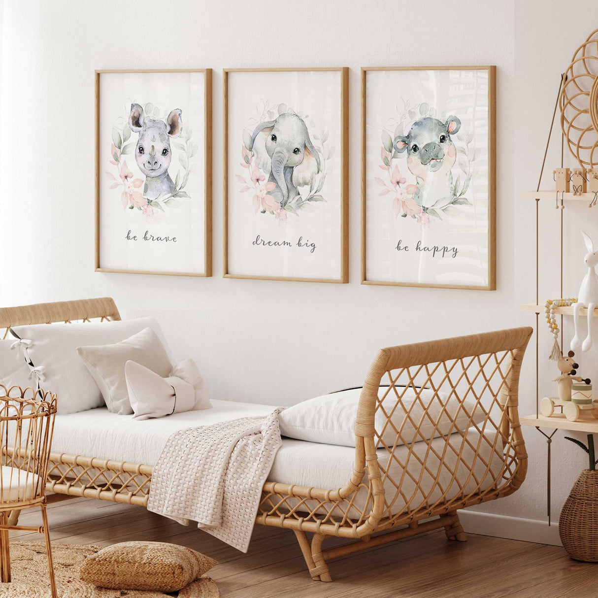 Girls safari nursery wall art prints in soft pink, grey and neutral colours