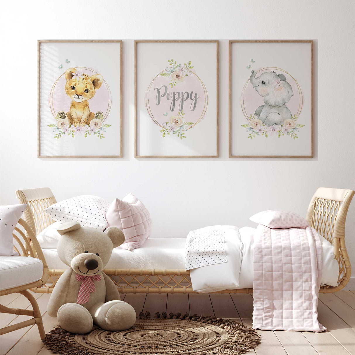 girls safari nursery wall art set in soft pink and pastel tones