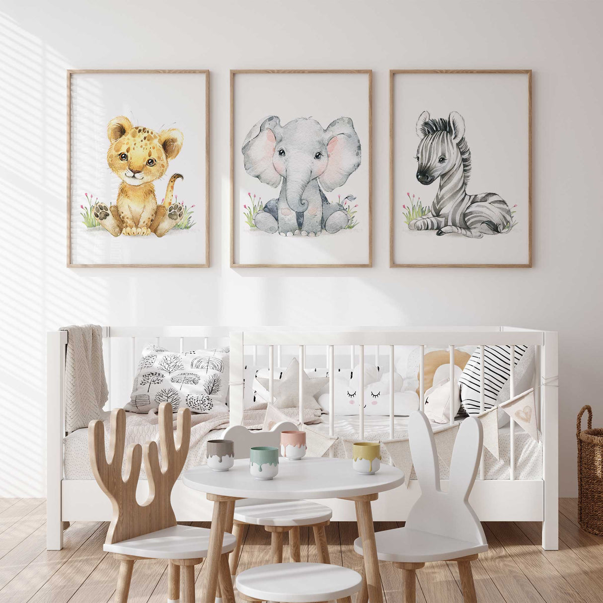 Safari nursery wall art print with floral accents for baby room