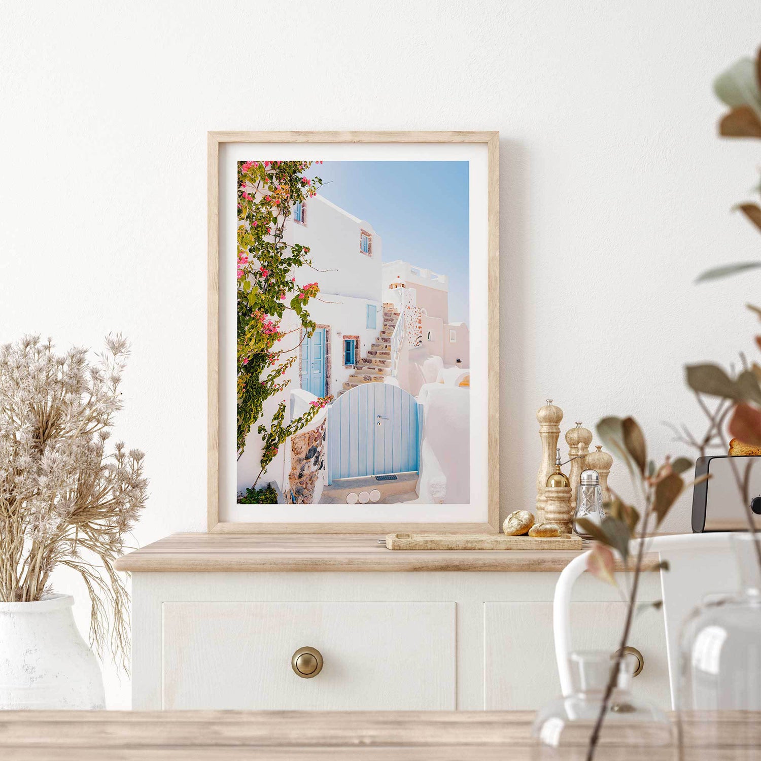 Mediterranean home decor print of a scenic Greek island house with soft pastel colours