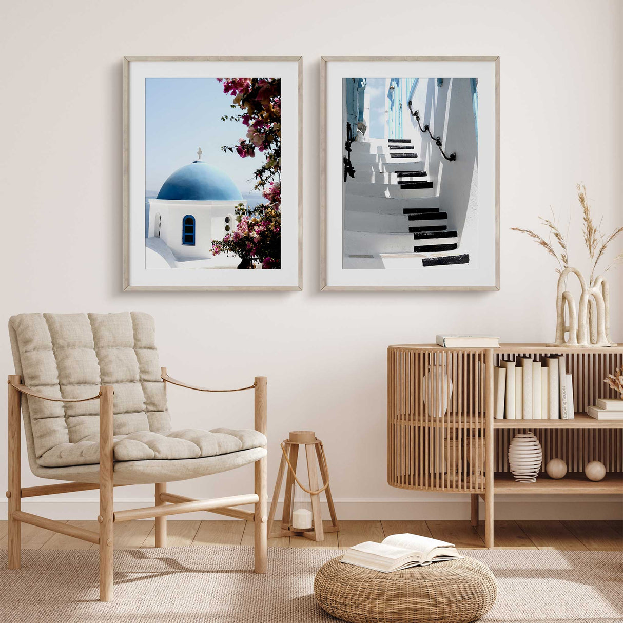 Set of two Santorini Greece photo prints featuring blue domes and white architecture – Greek island wall art.