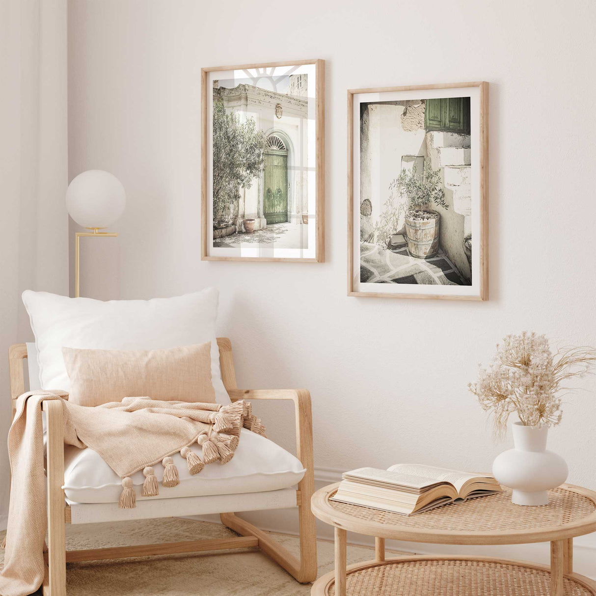 Close-up of vintage green door surrounded by potted plants in a European alleyway