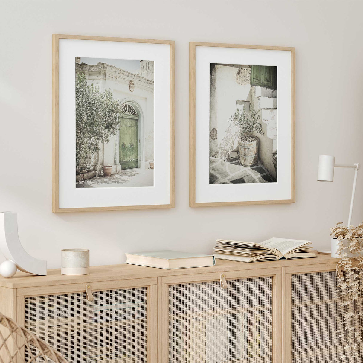 Neutral-toned wall art set featuring rustic green doors and sunlit Mediterranean courtyard